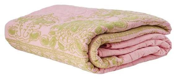 Rice - Colcha de algodón acolchada en rosa suave con bordado verde